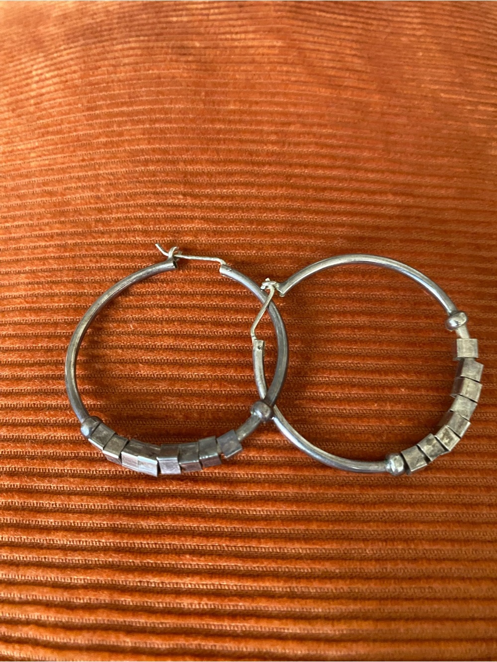 Vintage Silver Hoop Earrings with Geometric Bead Accents